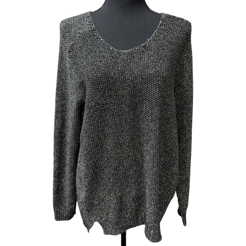 Rock & Republic Black Gold Metallic Knit Sweater Sparkle Party Holiday Top